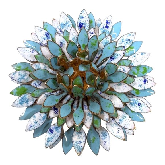 Vtg Gold Tone Enamel Flower Brooch Large Blue Green White Pin Carnation Dahlia - Picture 1 of 5